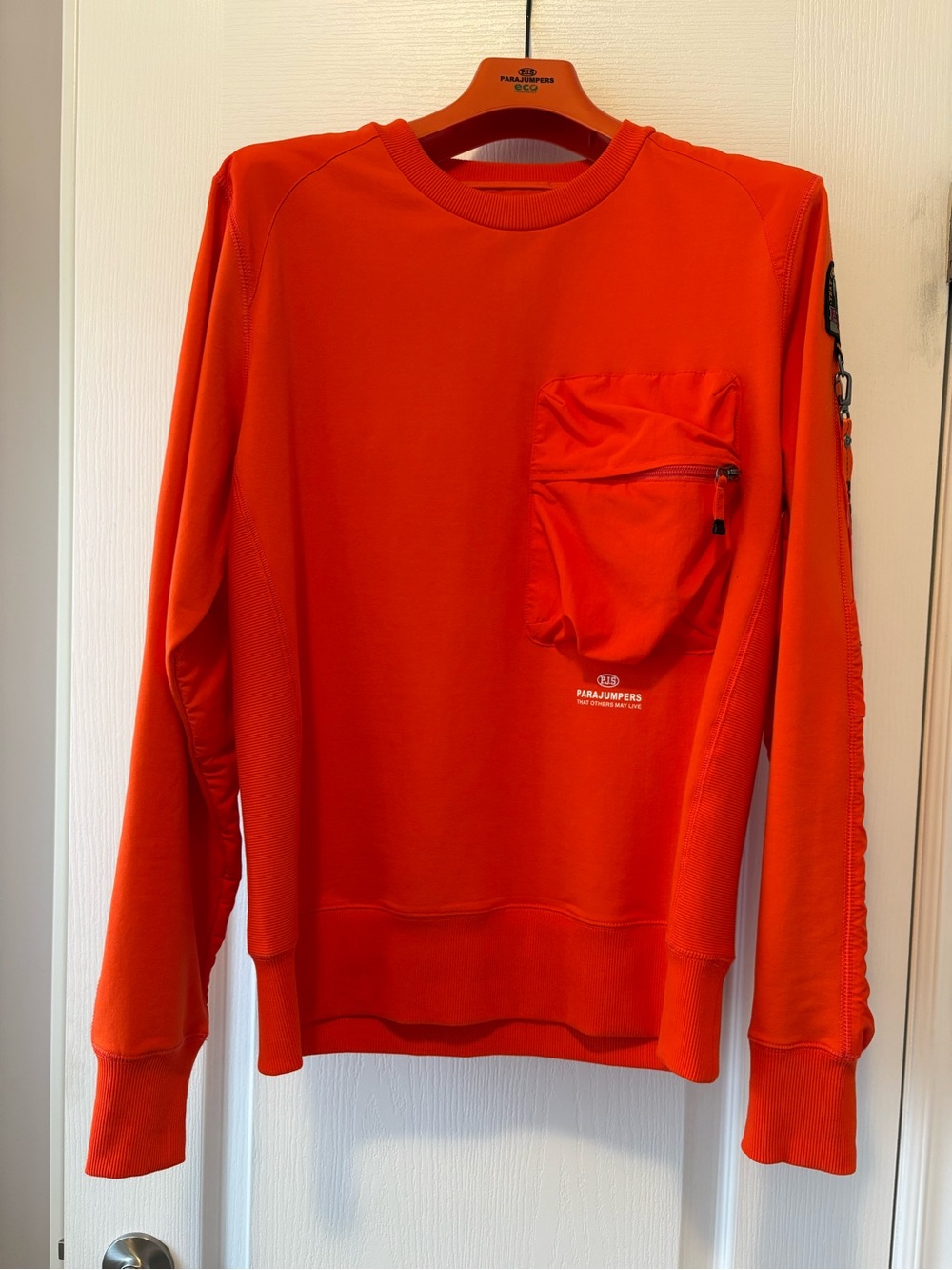 Parajumpers Men’s Crewneck Sweatshirt in Vibrant Orange with Front Zip Pocket